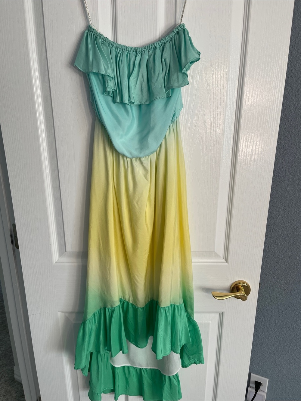 Lilly Pulitzer Mint, Yellow & Green Strapless Ruffle Maxi Dress